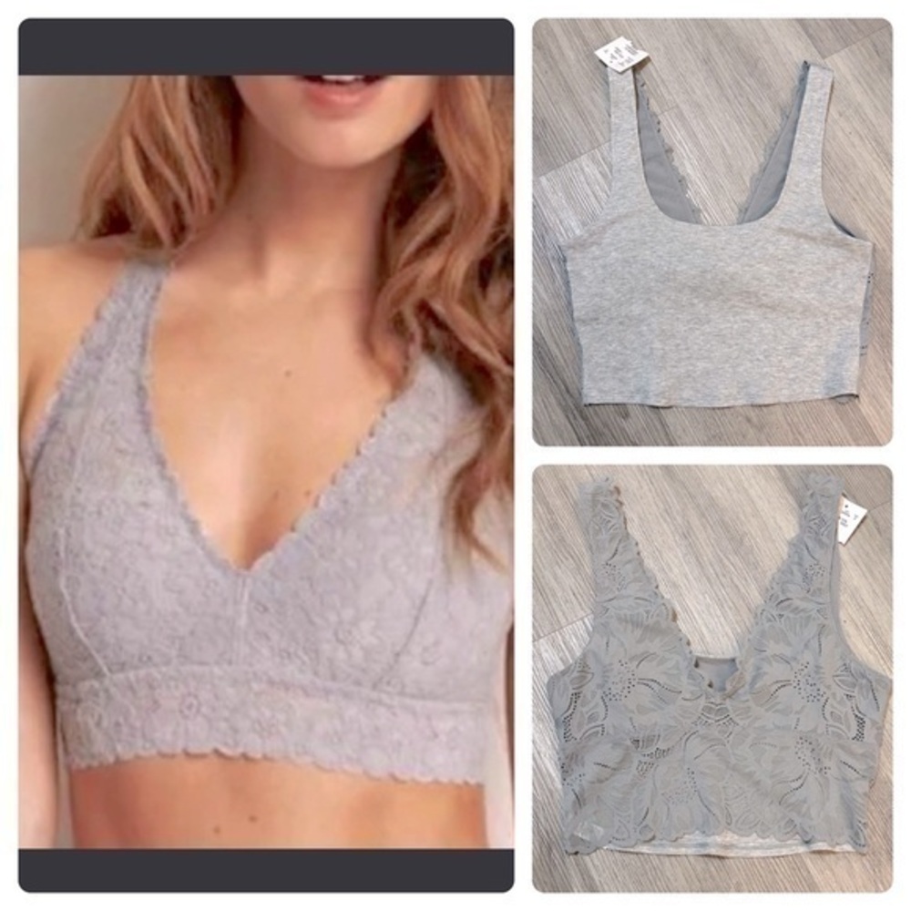 New with tags AERIE grey bralette.Built in bra. Ribbed material with floral lace